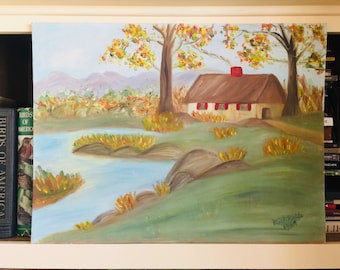 Vintage CATSKiLL  1969 Painting Cabin on Creek AUTUMN FALL FOLIAGE Landscape Folk Art 18 x 24