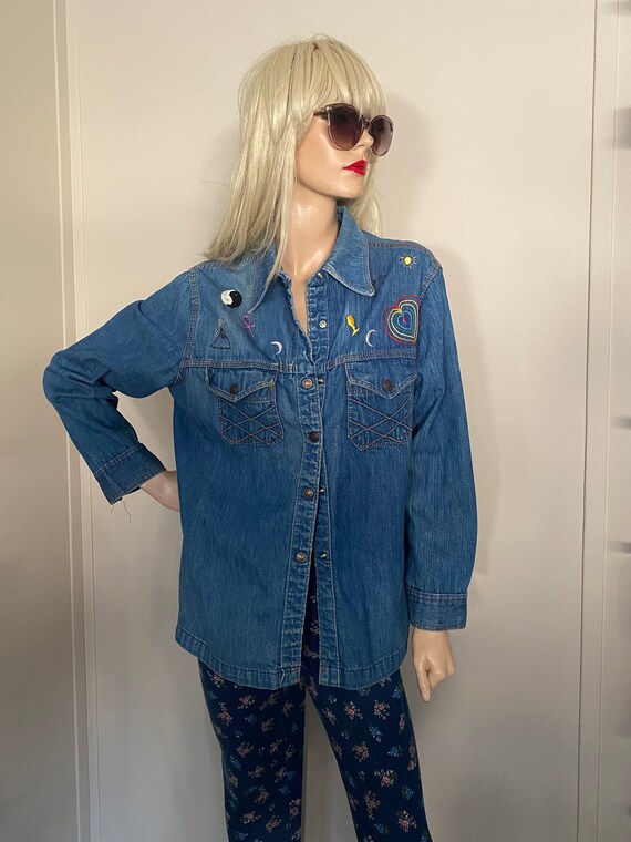 Large DENIM 70s EMBROIDERED Vintage SHIRT Jacket H