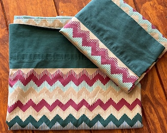 Vintage Southwestern Twin Fat Sheet & Pillowcase: Geometric Zig Zag Stripes 1980s Bedding