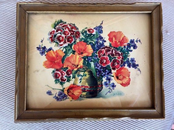 1940’s JEWELRY BOX w MIRROR Flowers Pansies Poppie