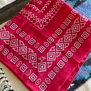 Vintage RED Classic BANDANA 1950s COTTON Geometric Squares Rare Pattern Neckerchief U S A Made