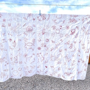 Antique Embroidered Cotton Bedspread: Victorian Folk Art Quilt, Swallows & Hearts