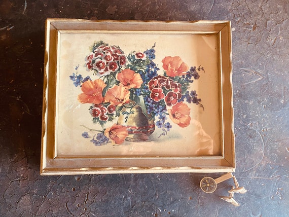 AnTIQUE 1940’s JEWELRY BOX w MIRROR Flowers Pansi… - image 1