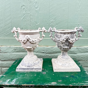 Antique Cast Iron Urns: 1880s Victorian Baroque Planters, Floral Swag