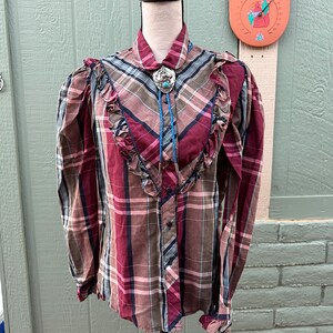 Vintage Western PLAID RUFFLED BLOUSE Puffy Sleeves L 80s image 8