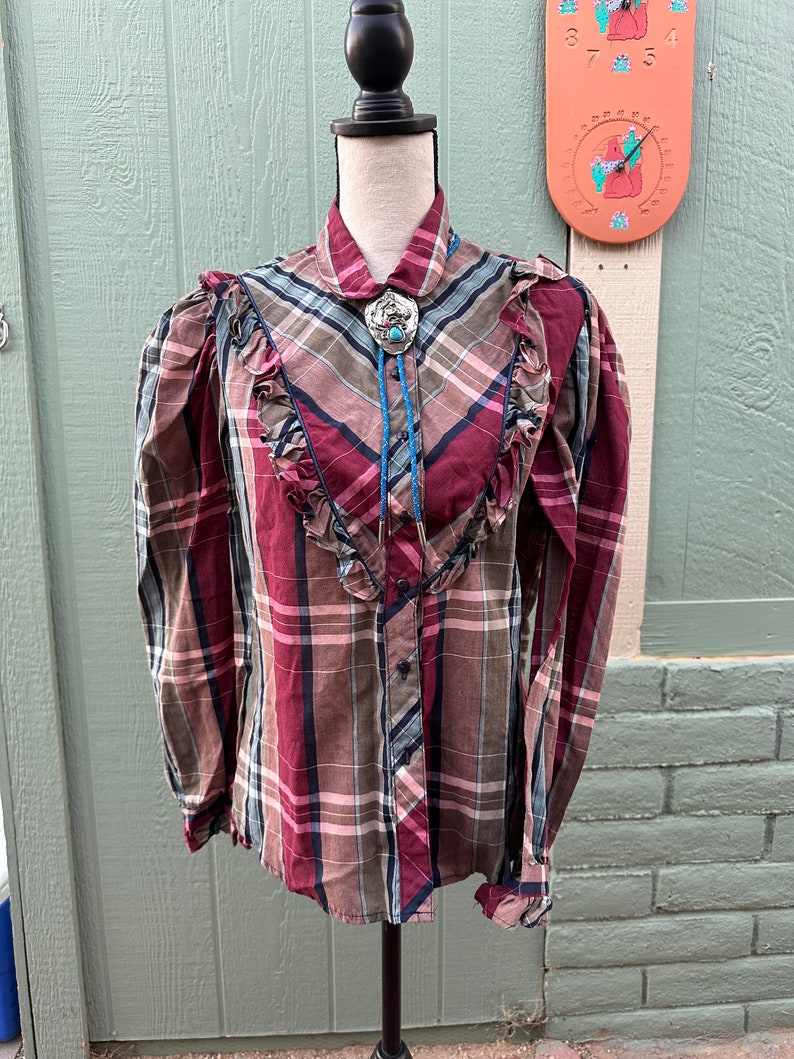 Vintage Western PLAID RUFFLED BLOUSE Puffy Sleeves L 80s image 8