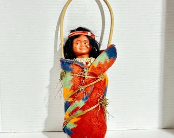 Vintage Skookum Indian Doll: Handmade Papoose, Pendleton Wrap (13.5" Tall, 1940s)