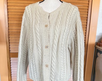 Sale Vintage FISHERMAN CARDIGAN SWEATER Cable Knit Cream Wool