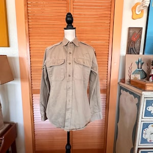 Vintage 1940s Army Khaki Shirt: Patched Military Uniform, 38&quot; Chest