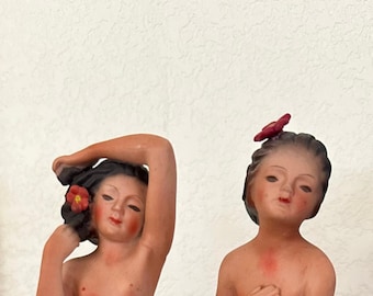 Pr Vintage 1940s Porcelain Polynesian Girl Statues, Pin-Up