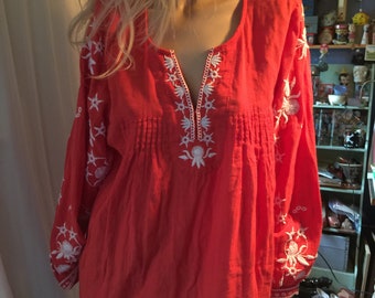 90s Dress EMBROIDERED Cotton BLOUSE Minidress