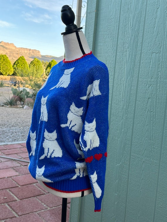 EiGHTiES Vintage CATS & HEARTS SWEATER Blue With … - image 8