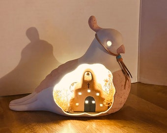 Vintage Lamp QUAIL W PUEBLO Diorama SoUTHWESTERN Hand Painted
