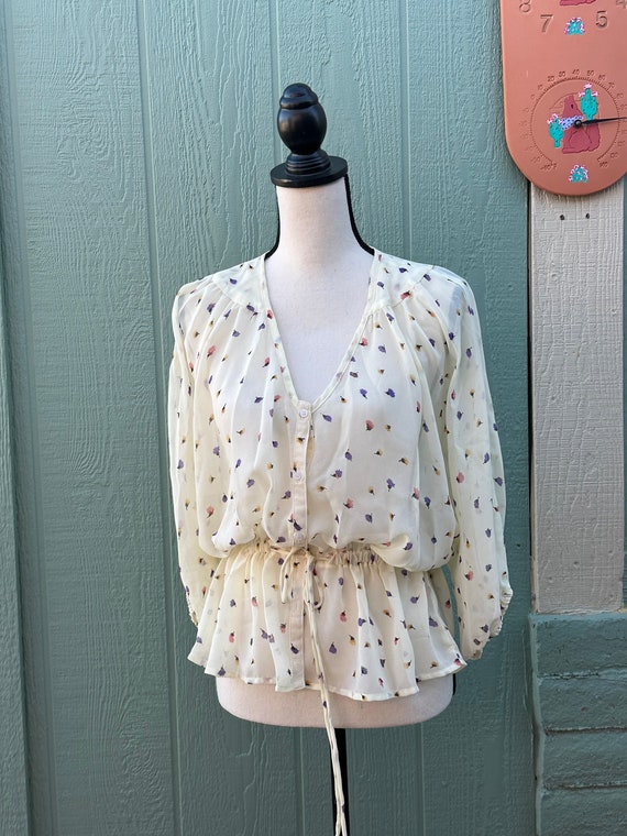 80’s Black Blue Brown Floral Paisley Sheer Short-Sleeve Peasant Top by A. Byer