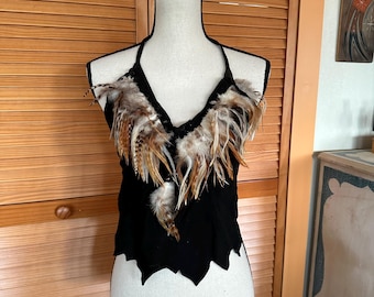 1970s Suede Halter Top: Handmade Whipstitched Leather, Feather & Bead Detail