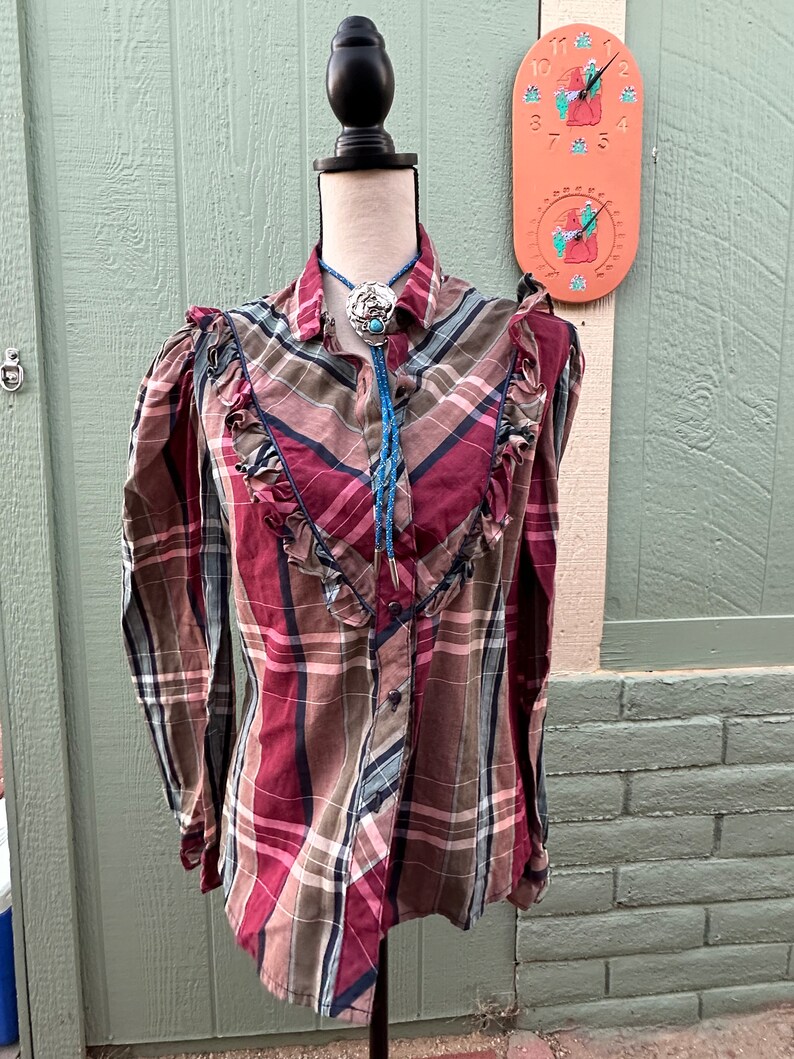 Vintage Western PLAID RUFFLED BLOUSE Puffy Sleeves L 80s image 4