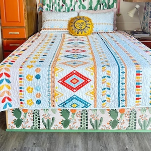 Spring QUEEN Size Striped Geometric Bedspread With 2 PiLLOW Shams Summer Blanket