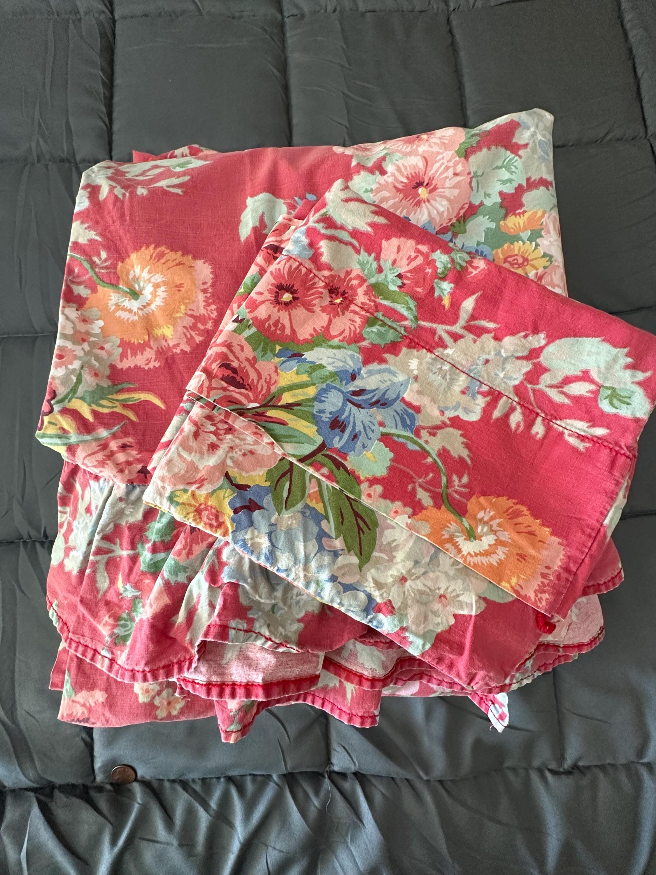 Vintage Ralph Lauren Red Floral Flat Sheet with Ruffle: Full Size Bedding