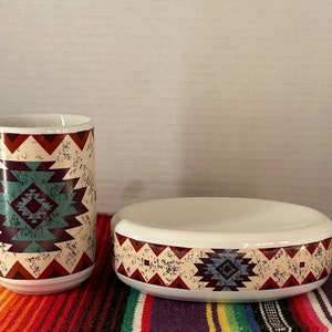 80s Southwestern Ceramic Soap Dish & Toothbrush Holder: Butterfly Decor