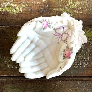 Antique MILK Glass HAND Dish Hand PAINTED Soap Dish Vintage 1950’s W Roses