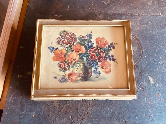 AnTIQUE 1940’s JEWELRY BOX w MIRROR Flowers Pansi… - image 4