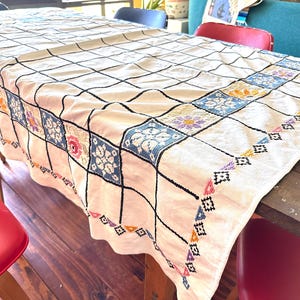 Fifties VINTAGE HaND EMBROIDERED CoTTON TABLECLOTH 1950’s Floral Checkerboard Design Beautiful Hand Done 62” x 52”