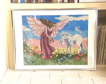 Vintage UNICORN & FAIRY NEEDLEPoINT Framed 1980’s Flowers FANTASY Poppies UNiCORNS AnGELS