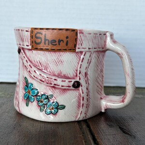 Vintage Denim Mug: 1980s Handmade Coffee Cup, Personalized &quot;Sheri&quot;