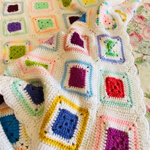 Vintage GRANNY KNIT BLANKET Yarn Colorful Squares Throw Crib - Etsy