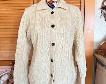 SALE! Vintage Hand Knit Fisherman Cardigan: 100% Wool, 40" Chest
