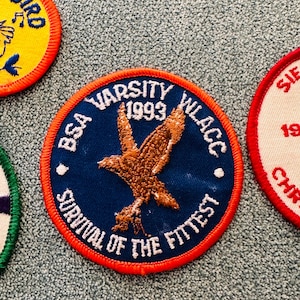 Op de afbeelding: Een verzameling geborduurde patches. De centrale patch is blauw met een bruin vogelontwerp en de tekst "BSA VARSITY 1993 WLACC SURVIVAL OF THE FITTEST". Andere patches tonen tekst en ontwerpen in verschillende kleuren.