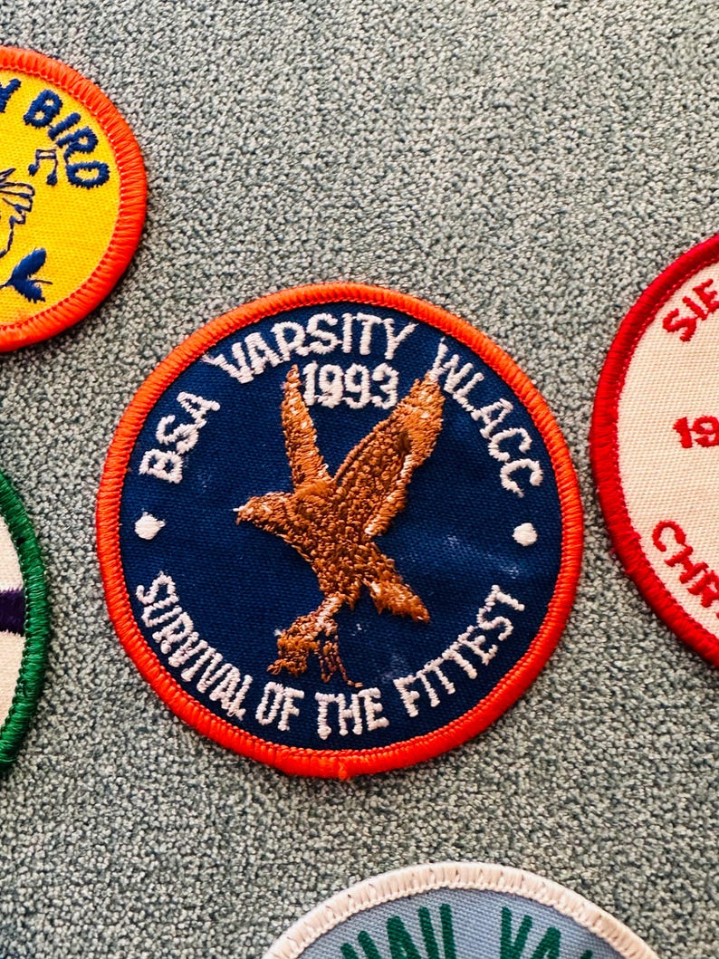 Op de afbeelding: Een verzameling geborduurde patches. De centrale patch is blauw met een bruin vogelontwerp en de tekst "BSA VARSITY 1993 WLACC SURVIVAL OF THE FITTEST". Andere patches tonen tekst en ontwerpen in verschillende kleuren.