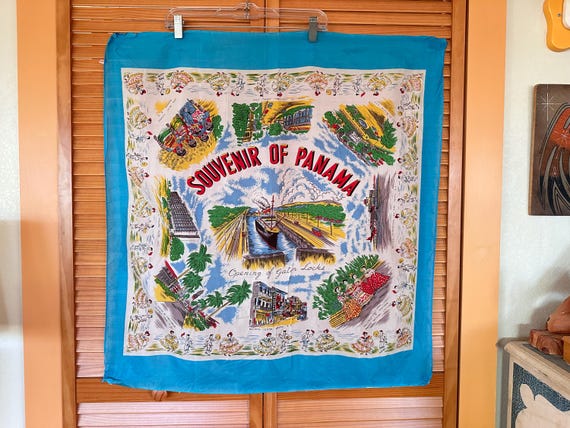 Vintage Panama Souvenir Scarf: 1960s Nylon Rayon PANAMA City
