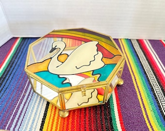 Vintage 80s Swan Jewelry Box: Rainbow Faux Stained Glass, Mirrored Sides