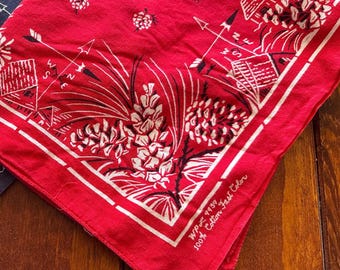 Old Vintage Cabin Landscape Bandana: 1950s Cotton Scarf Neckerchief 19 x 21 U S A