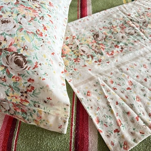 Vintage Floral Pillowcases: 1970s Striped Bedding, Standard Size