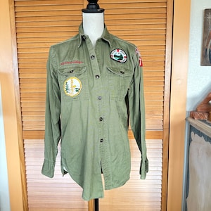 BSA Uniform 1970’s ViNTAGE Cotton BOY SCoUT Shirt Andover Mass. Boy Scouts Of America W Patches Olive Green Medium 38 Chest Scouts