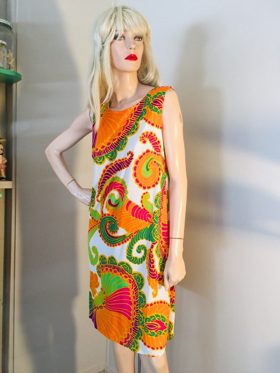 Vintage 60s PSYCHEDELIC Print 70s DRESS Go Go Girl