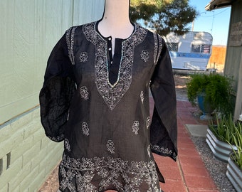 VINTAGE 70s SHEER BLACK India Shirt Top Blouse Hippie