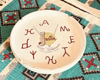 Vintage Justin Boots Ashtray: Rare Cowboy Cattle Brands Advertising Collectible