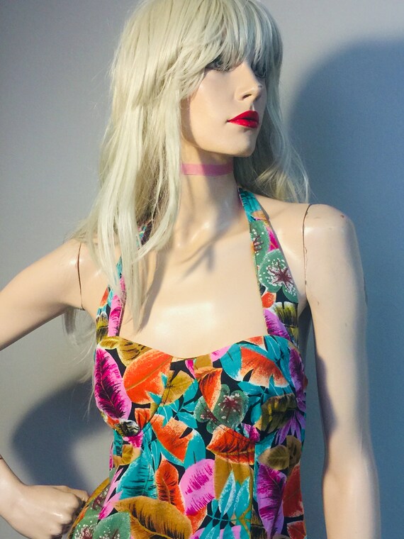Vintage HAWAIIAN Print SUNDRESS 1980s Rayon HALTER