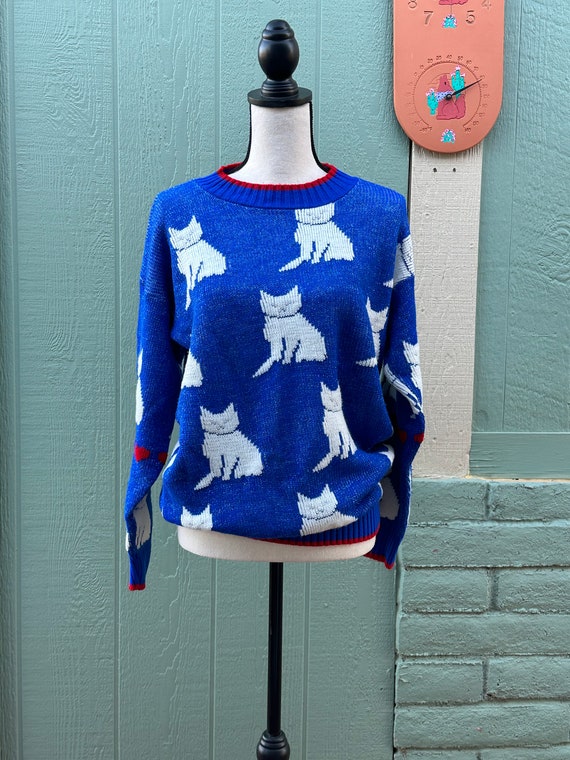 EiGHTiES Vintage CATS & HEARTS SWEATER Blue With … - image 7