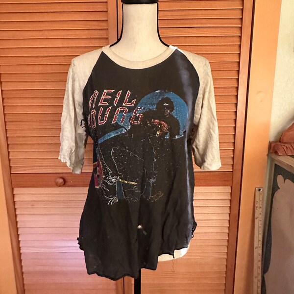 1982 NEIL YOUNG T Shirt Trans WoRN Thin Holes Sheer Awesome Vintage