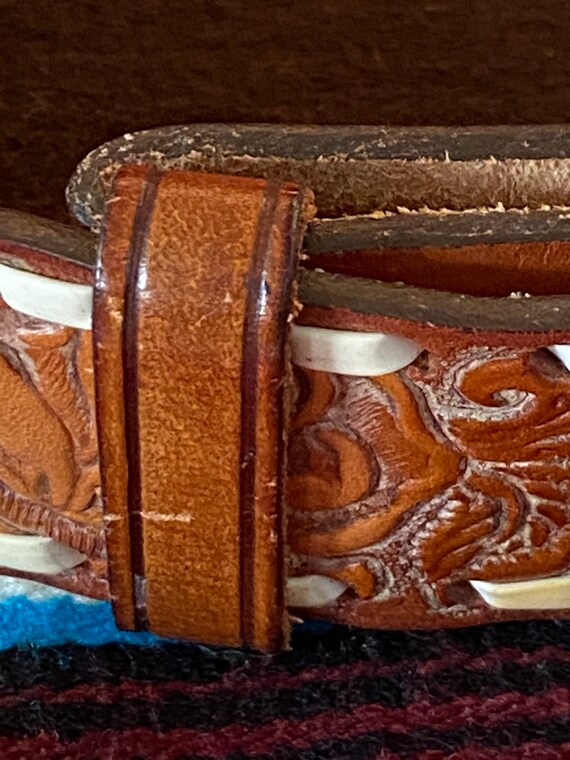 Vintage TOOLED LEATHER “FRaNK” BELT Soft Worn 35 - image 7