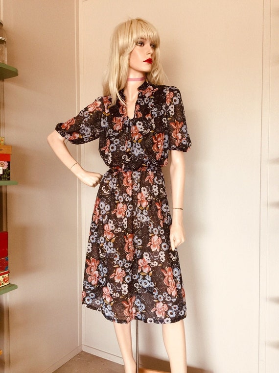 Sweet 80s BLACK FLORAL DRESS Vintage Sheer Summer