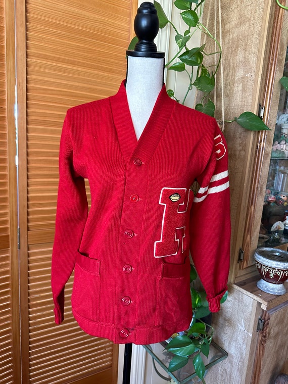 VINTAGE 1950s Letter SWEATER Red WOOL Football Varsity Small