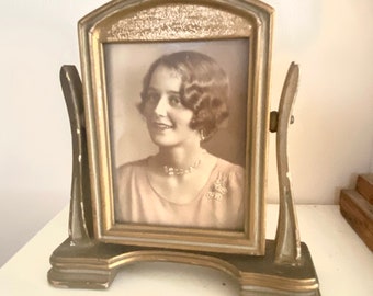 Vintage Antique Wood Swinging Tilt Picture Frame Stand ornate carved swivel  7x9