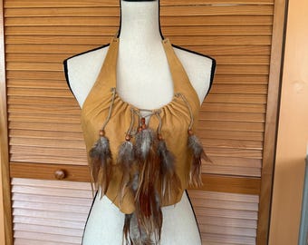 Vintage 70s Leather Halter Top: Handmade Feather & Whipstitch Detail