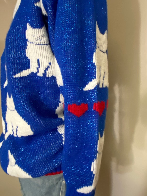 EiGHTiES Vintage CATS & HEARTS SWEATER Blue With … - image 2