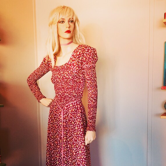 Beautiful 70s MAXI DRESS Shirred BODICE Medieval S